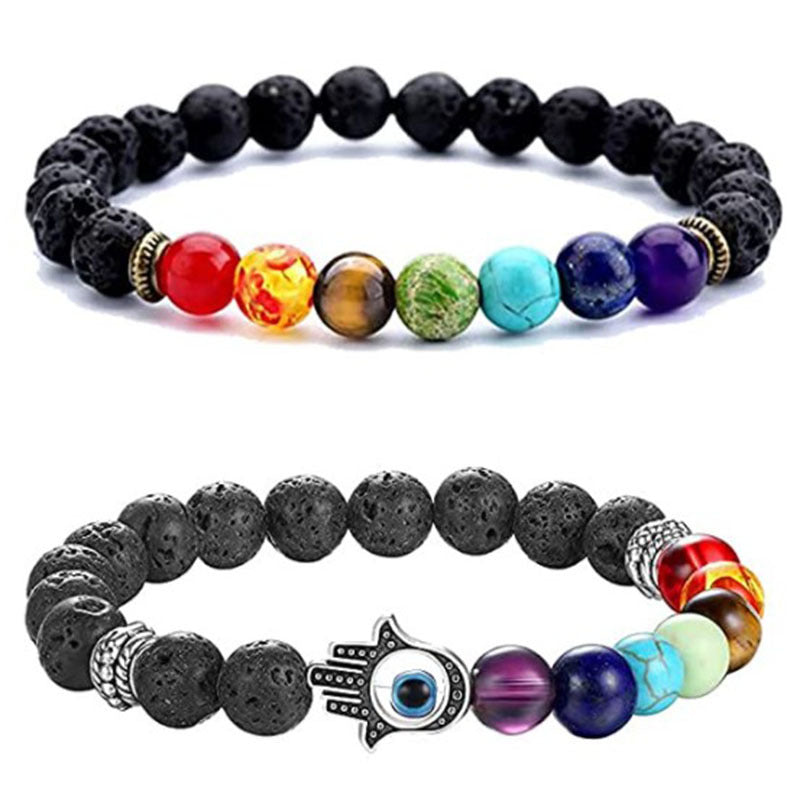 Vintage Blue Devil Eye Elastic String Volcanic Rock Beaded Adjustable Bracelet
