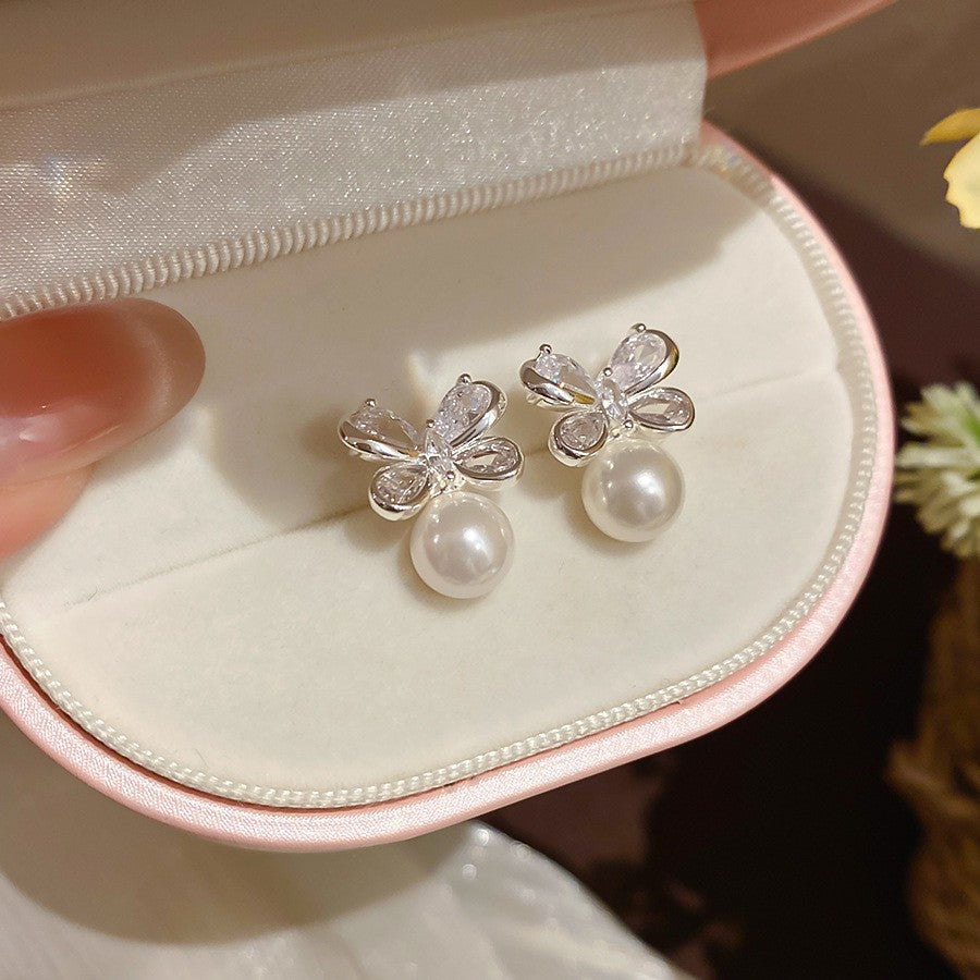 Women's Style Refined Zircon Flower Pearl Light Luxury High-grade Ear Earrings