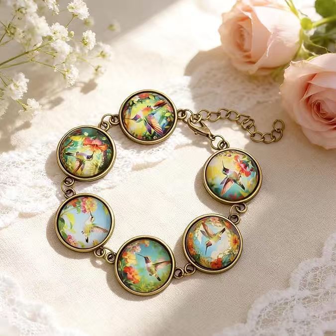 Women's Hummingbird Time Stone Vintage Bronze Adjustable Bracelet