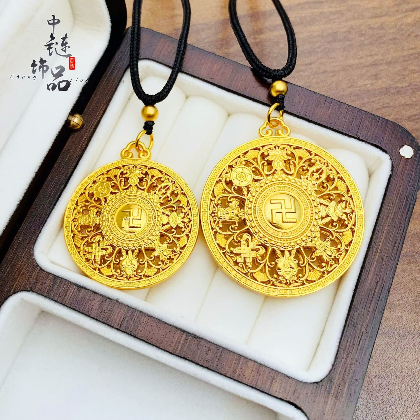 Alluvial Gold Fu Eight Treasures Compass Pendants