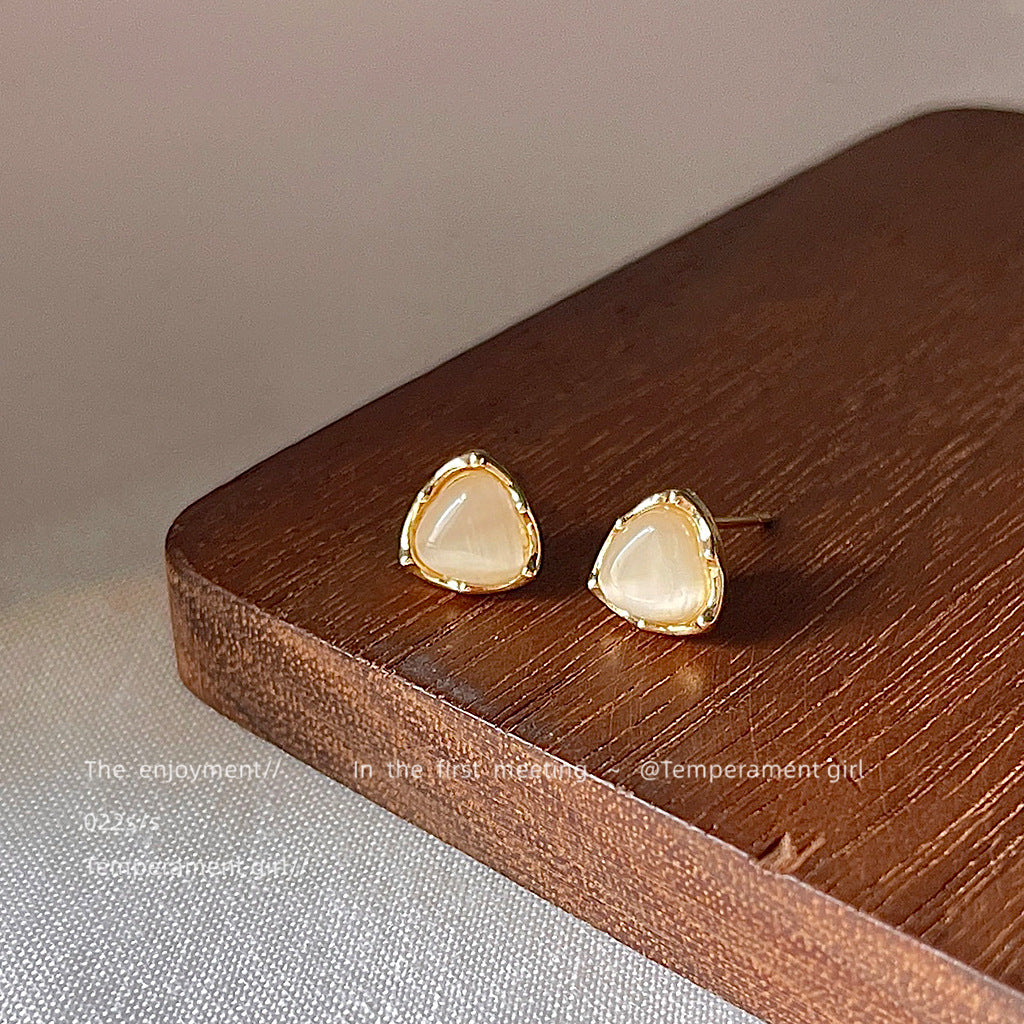Sier-plated Geometric Triangle Glass Opal Stone Ear Small Stud Earrings