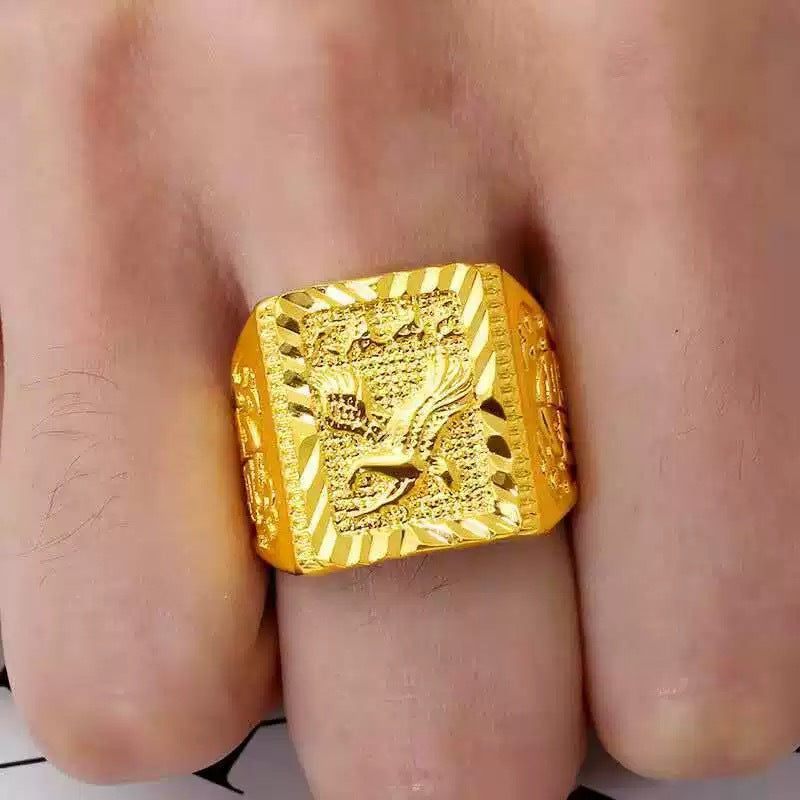 Men's Hard Golden Wide Face Square Man's Solid Boss Domineering Rings