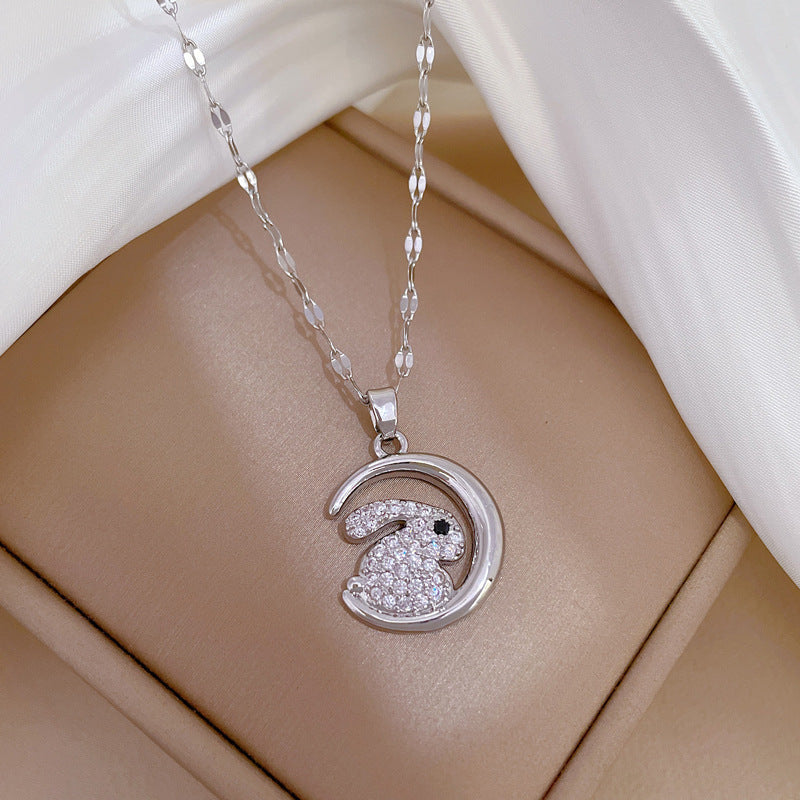 Titanium Steel Light Luxury Moon Full Diamond Design Temperament Necklaces