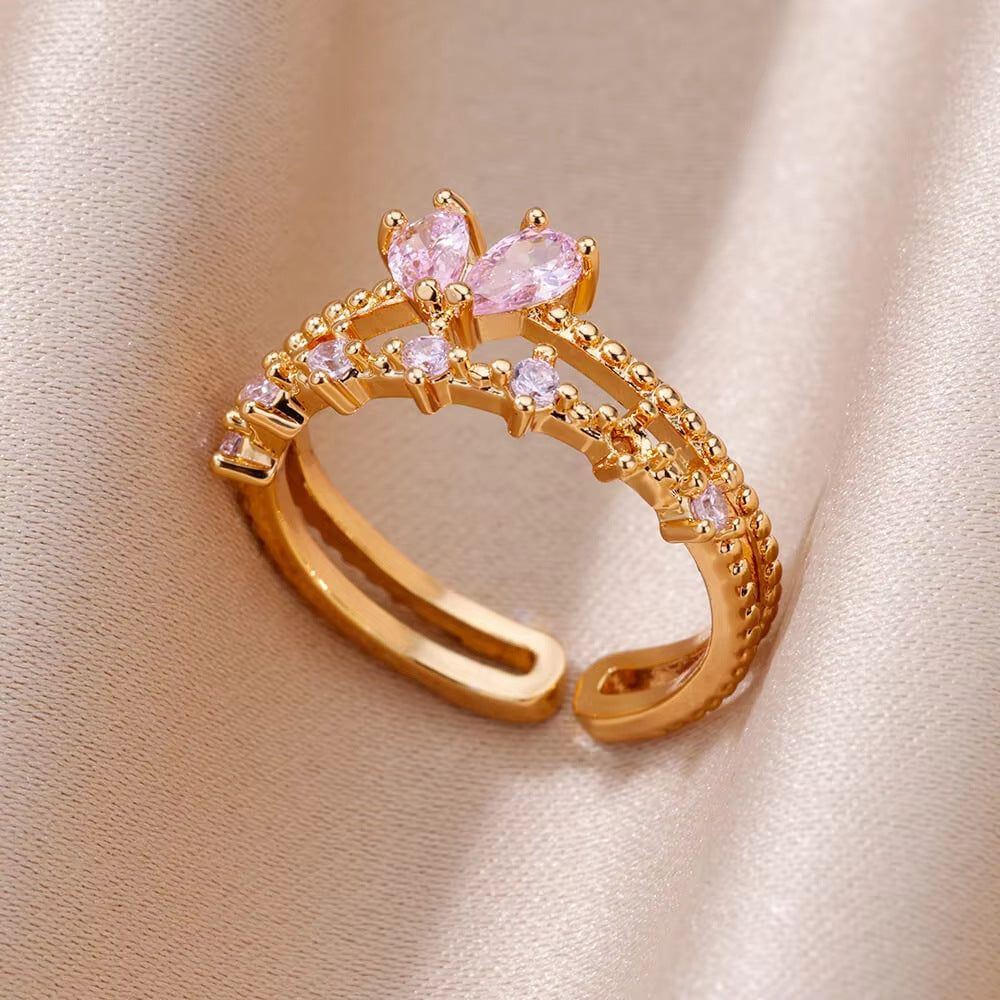 Women's Pink Loving Heart Zircon Gold-plated Starry Border Ring