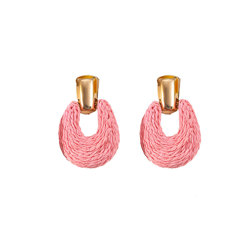 Colorful Raffia Geometric Hollow Circle Solid Color Earrings