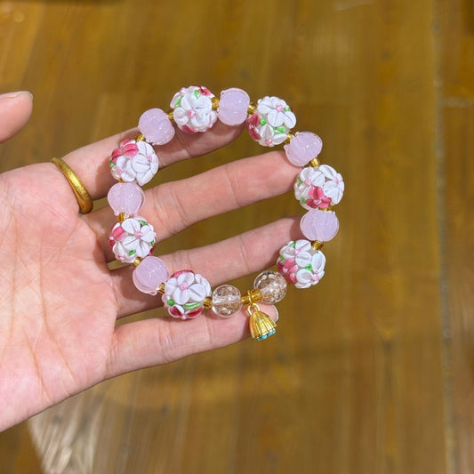 Embroidered Ball Glass Single With Pink Lotus Female Bracelet