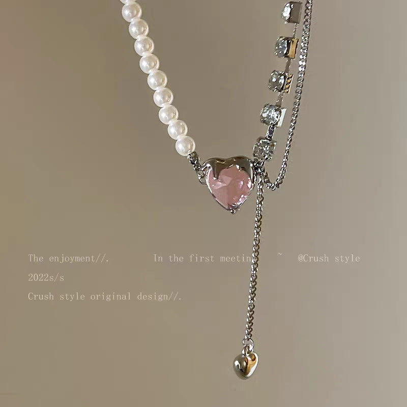 Women's Pink Heart-shaped Zircon Stitching Pearl High-grade Light Luxury Minority Necklace