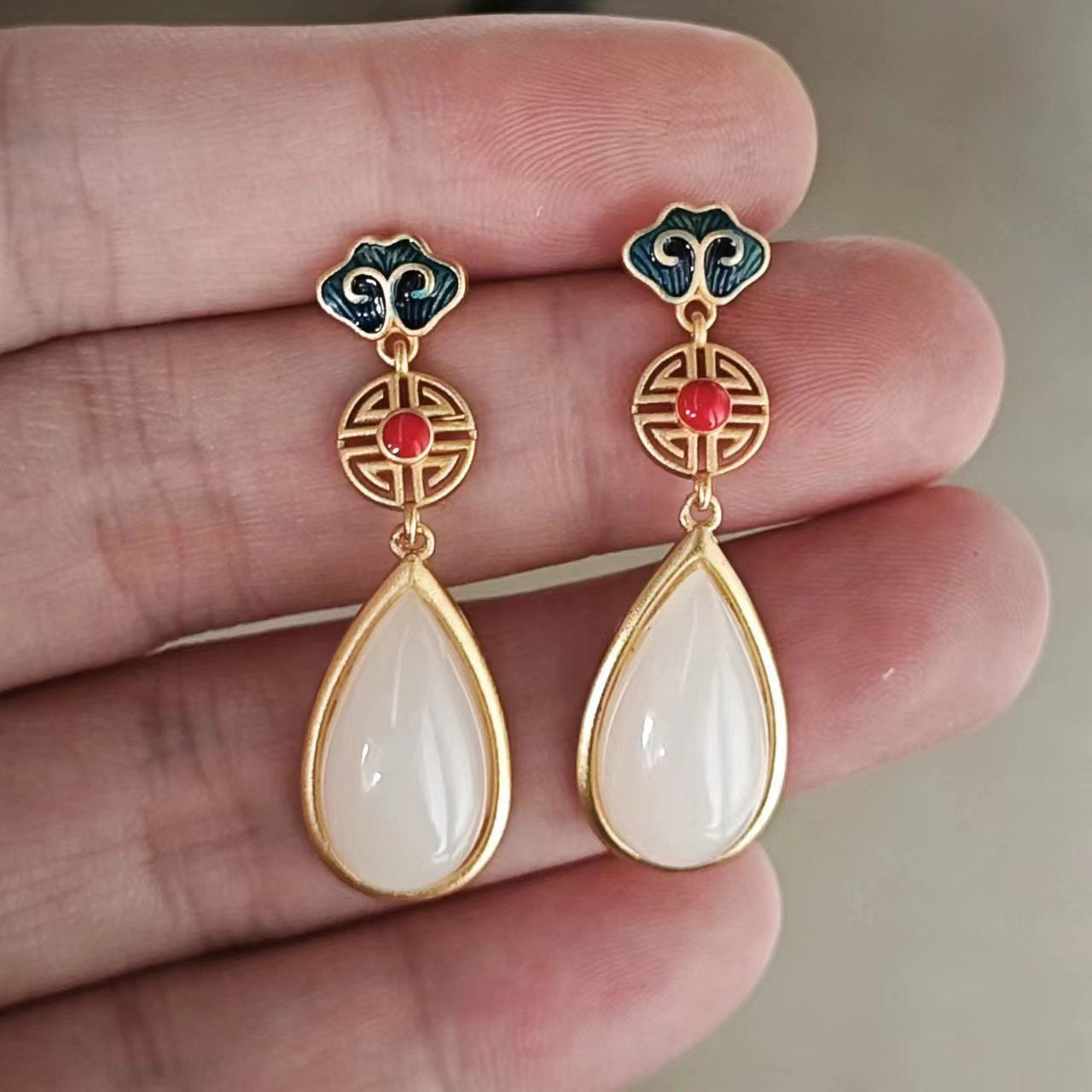 Women's For Auspicious Jade Chinese Cloud Retro Red Stud Earrings
