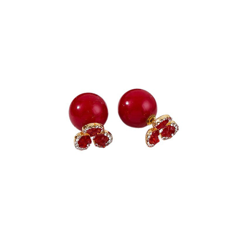 Women's Red Flower Beads Front Rear Ear Light Luxury Three-leaf High Stud Earrings
