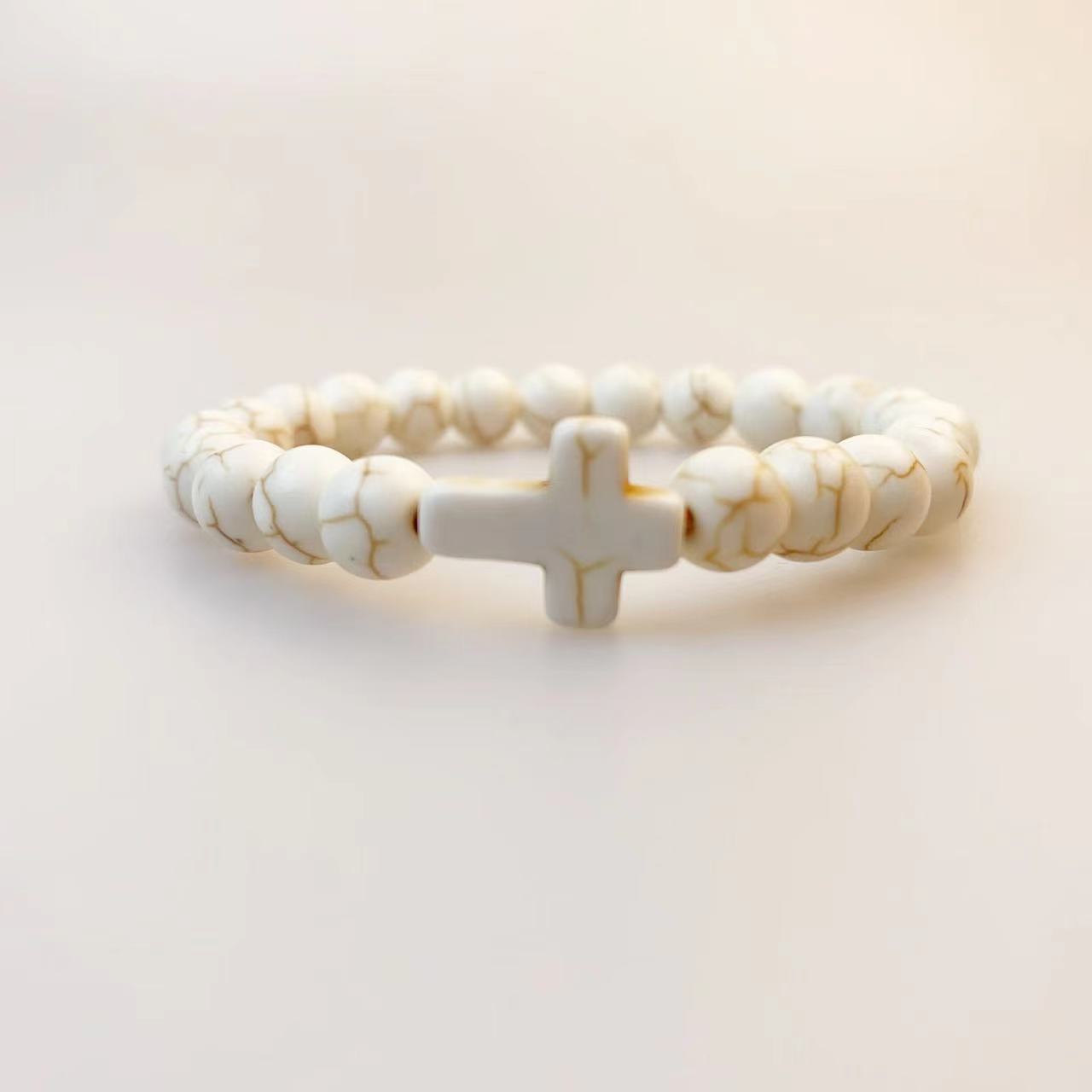 Natural Stone Cross Turquoise Beaded Elastic Couple Bracelet