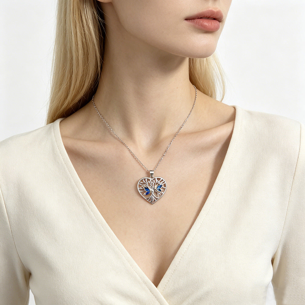 Sier Heart-shaped Lucky Tree Butterfly Female Summer Niche Necklaces