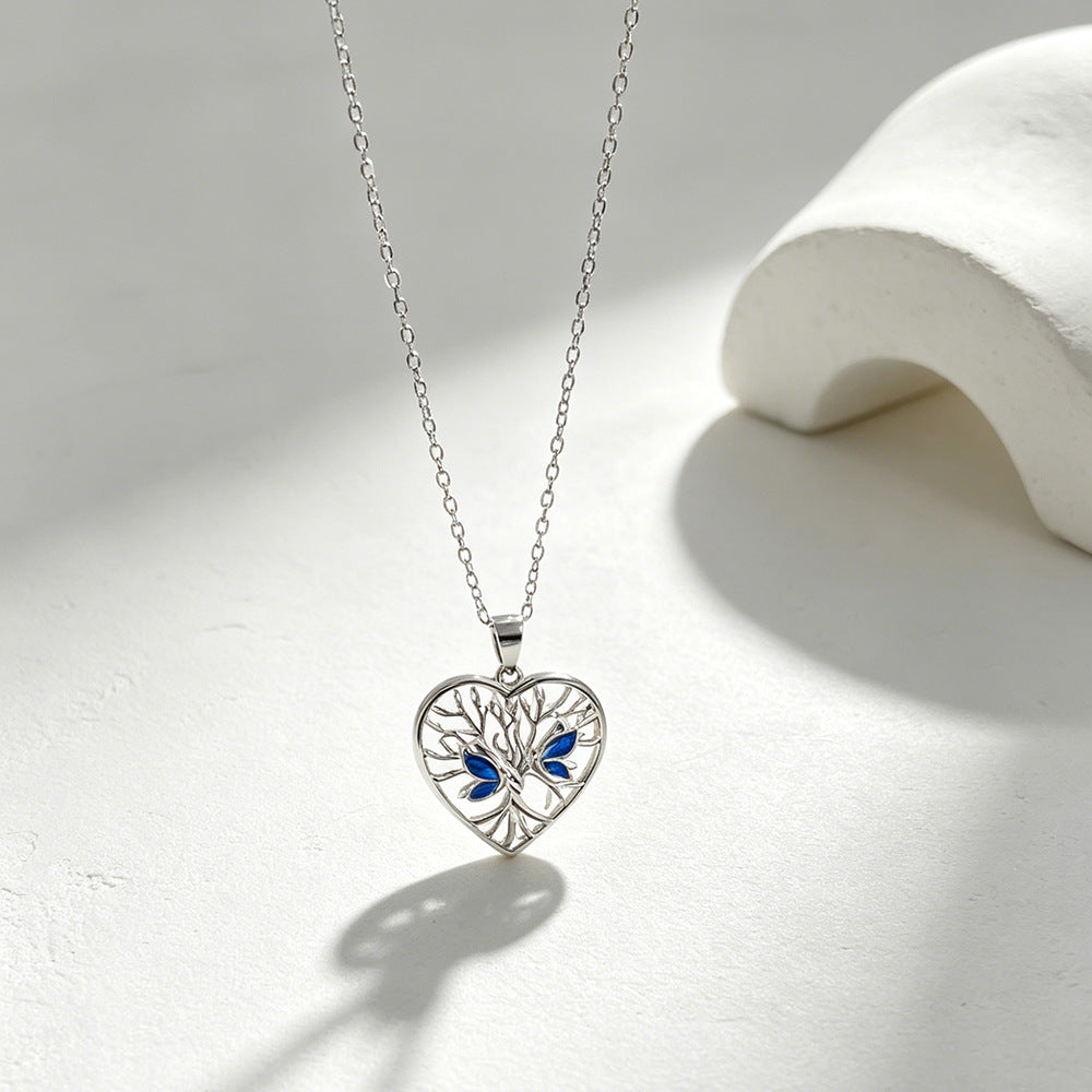 Sier Heart-shaped Lucky Tree Butterfly Female Summer Niche Necklaces