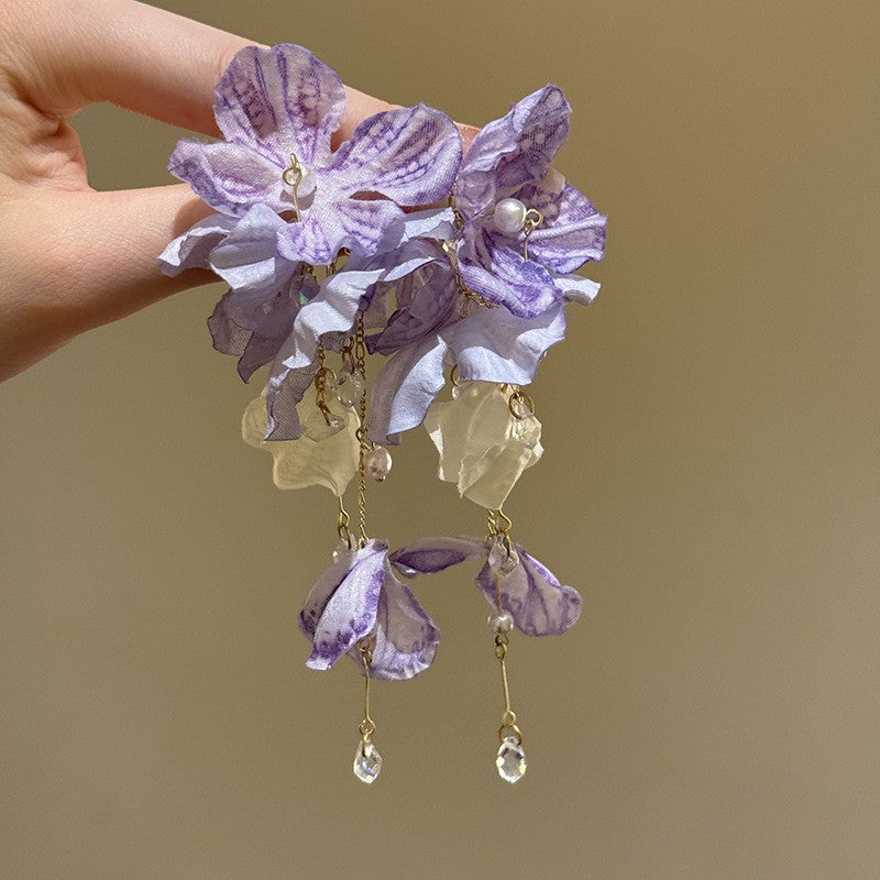 Women's Needle Fabric Purple Flower Tassel Light Luxury High-grade Temperament Fashionable Earrings