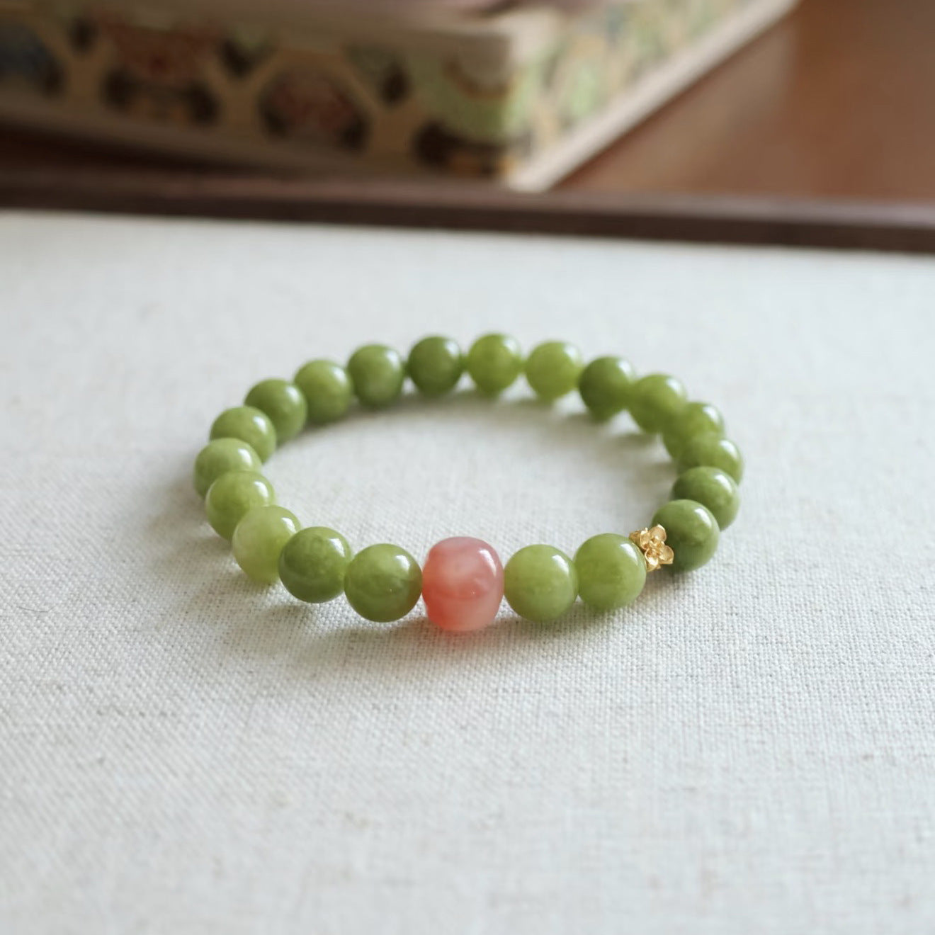 Green Olive Stone With White Crystal Pink Beaded Chinese Style Bracelet