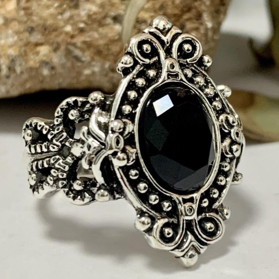 Black Synthetic Zircon Vintage Sier Plated Goose Ring