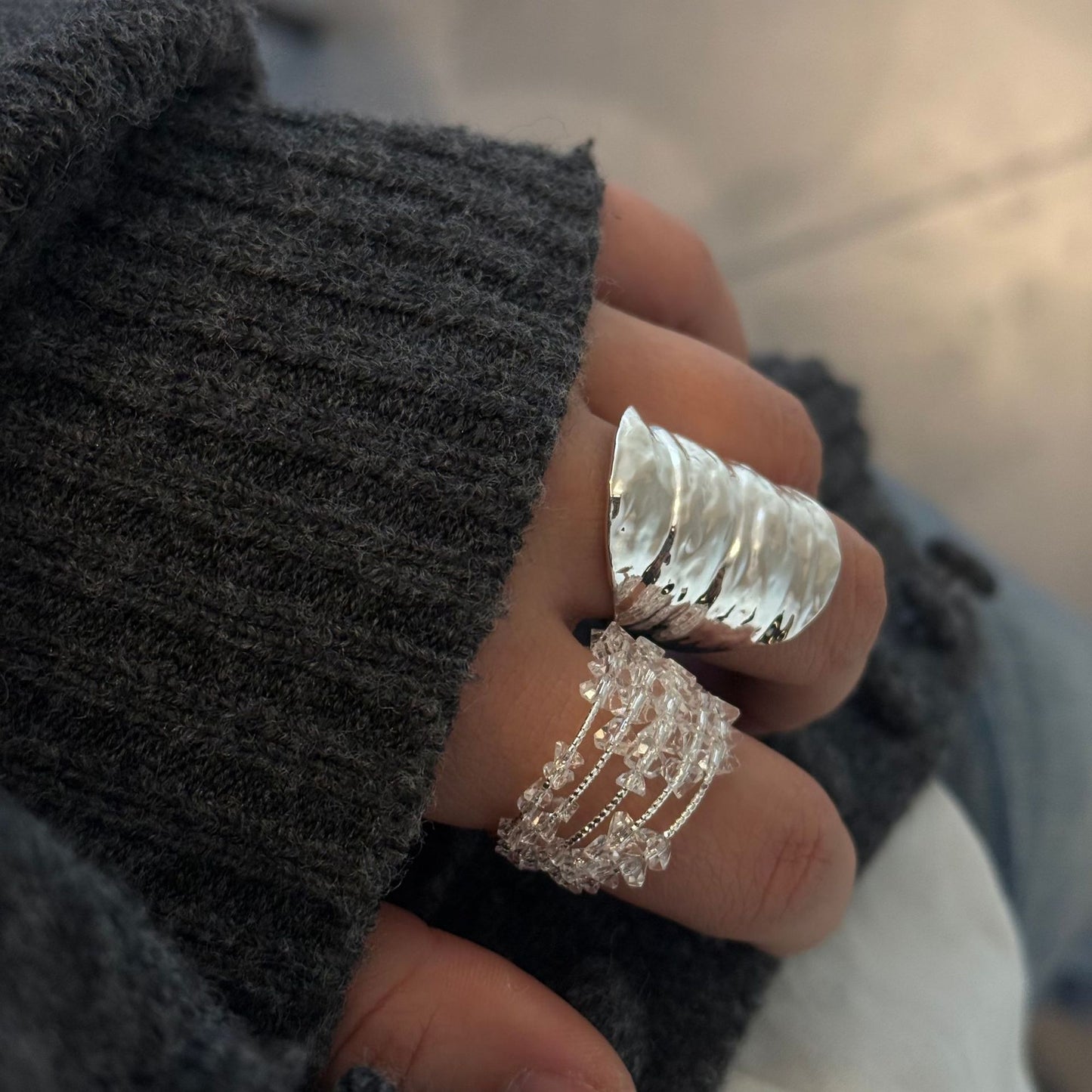 Sier Plating Texture Irregular Wide Surface Fashion Personalized Crystal Index Ring