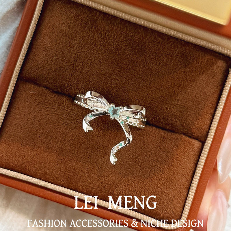 Women's Style Light Luxury Blue Zircon Bow Fashion Small Rings