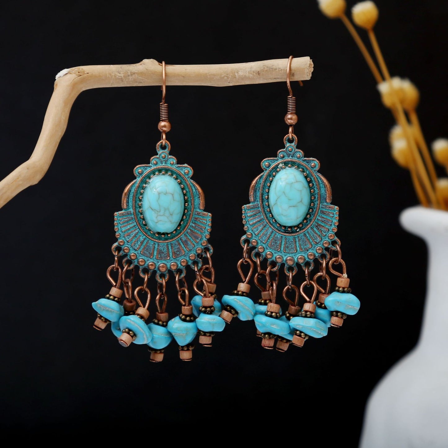 Turquoise Bohemian Palm Owl Bronze Carved Geometric Feather Earrings