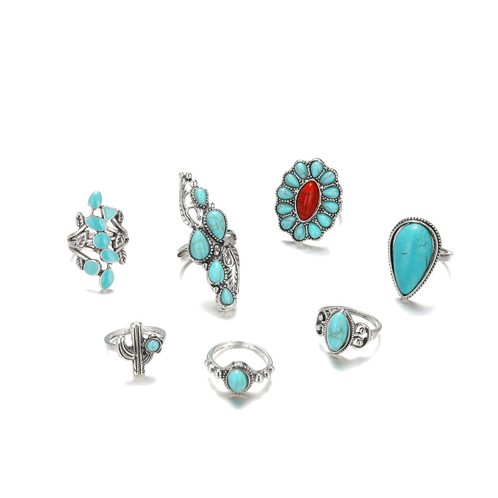 Vintage Bohemian Drop-shaped Carved Red With Hollow Design Turquoise Rings