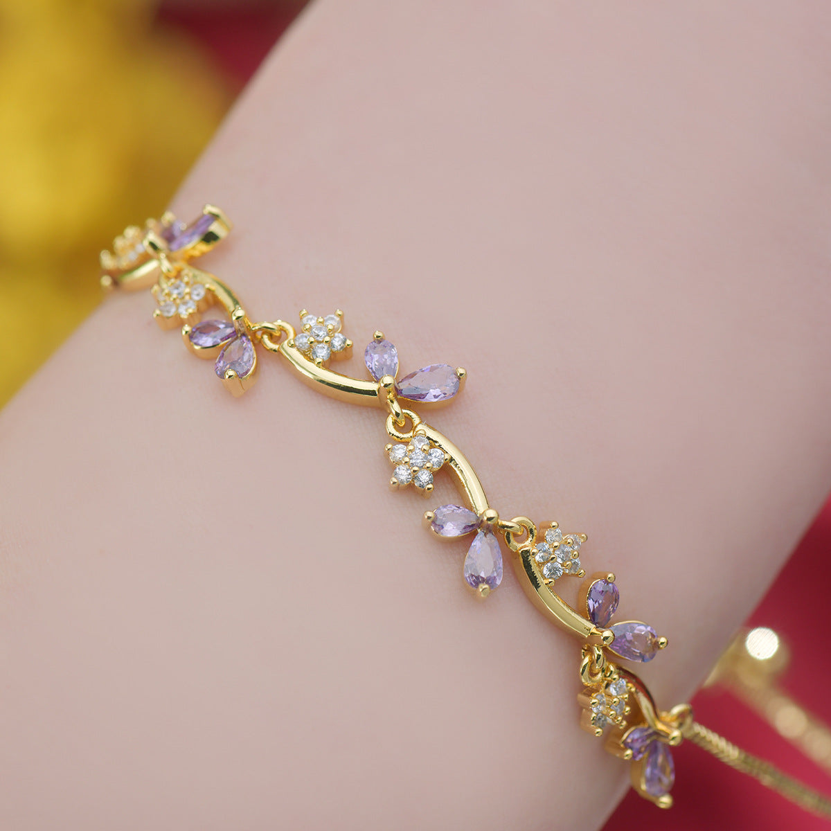 Zircon Leaf Bud Pomegranate Red Purple Electroplated Real Bracelet