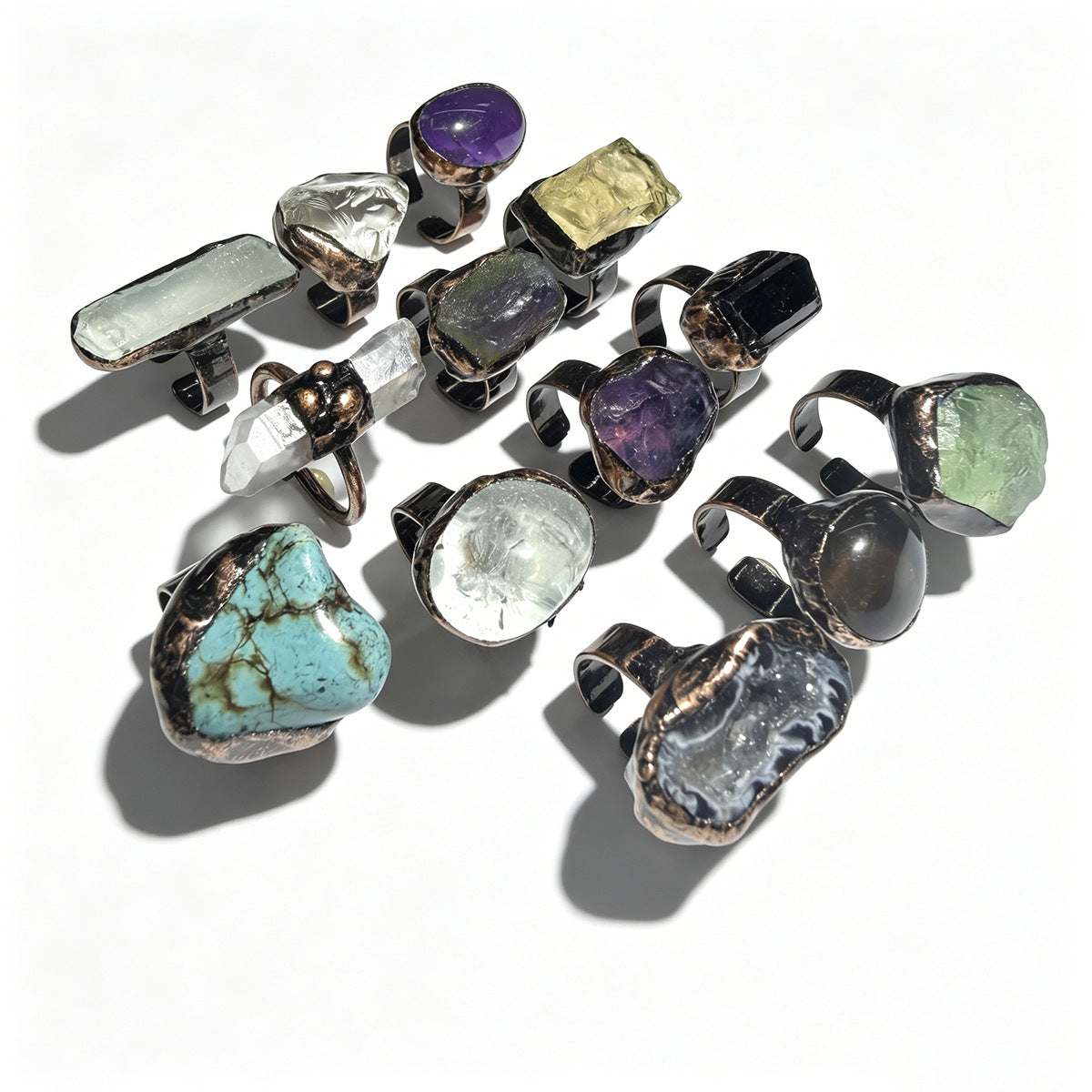 Gemstone Purple Yellow White Crystal Fluorite Amorphous Opening Adjustable Rings