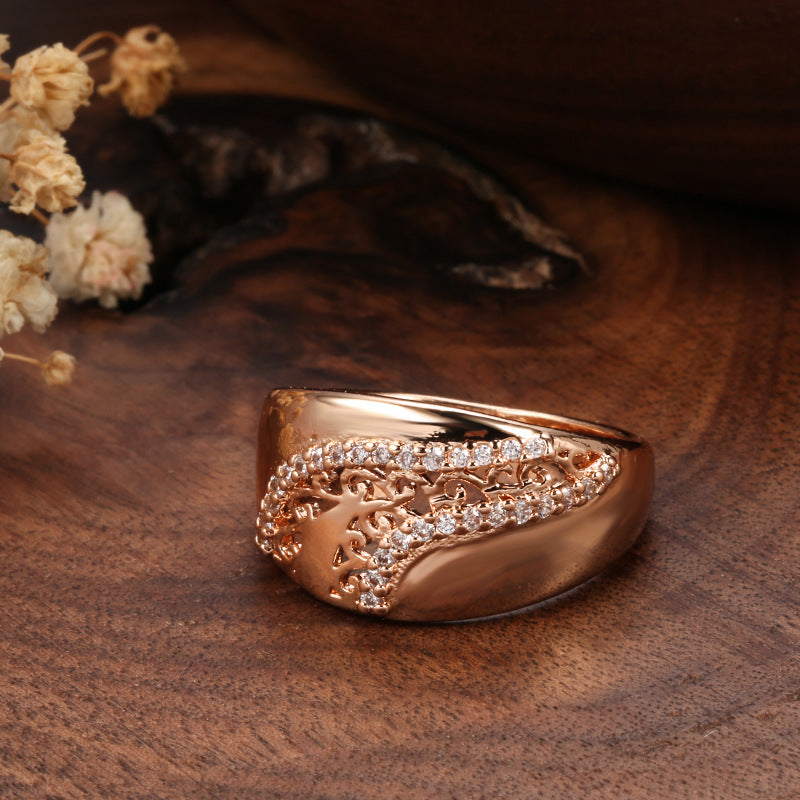 Korean Style Popular Copper Gold-plated Zircon Fashionable Elegant Glossy Carved Rings