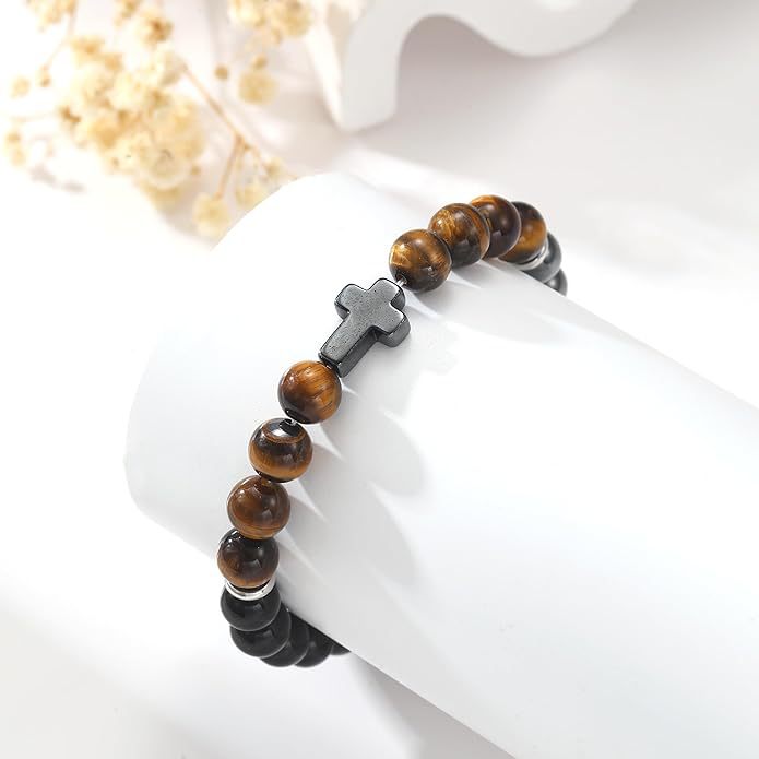 Women's & Men's Triple Protection Cross Obsidian Spacer Tigereye Bracelets
