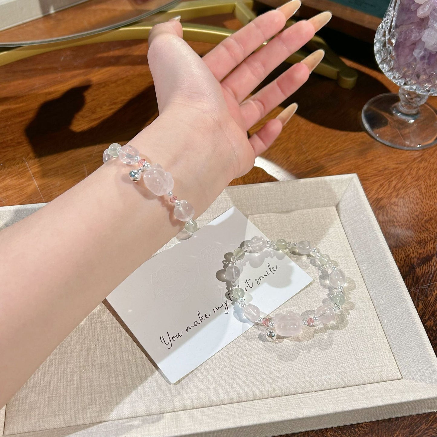 Natural Moonstone Pink Crystal Diamond In The Debris Atmosphere Summer Bracelets
