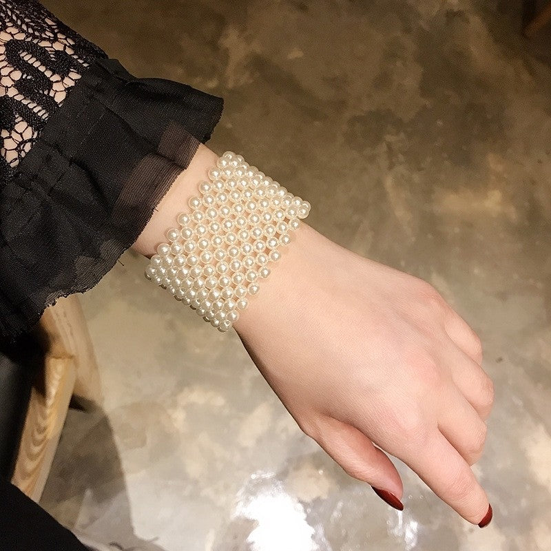 Women's Pearl Wristband Wide Scar Cover Up Fashion Bracelet