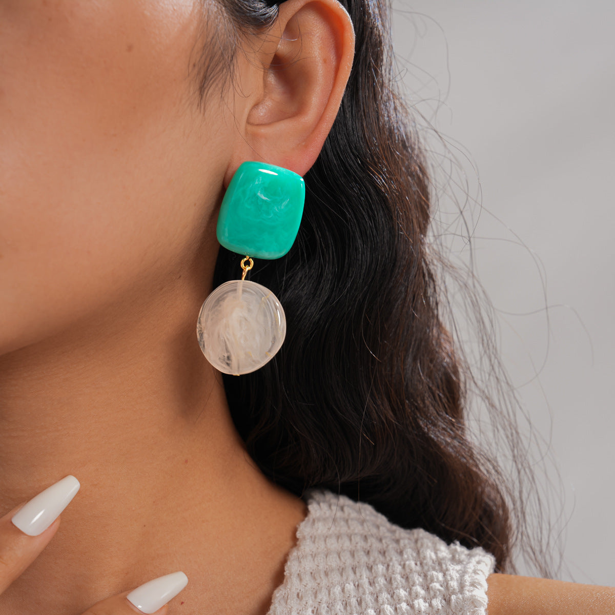 Retro Resin Square Round Sier Simple Earrings