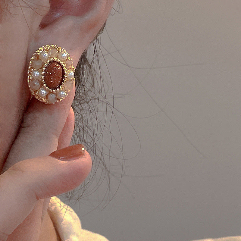 Sier Needle Wine Red Pearl Ear Tide Exquisite Super Fairy Stud Earrings