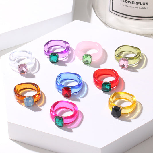 Colorful Transparent Resin Simple Inlaid Jewel Princess Pink Gem Rings