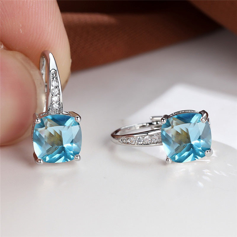 Women's Square Zircon Inlaid Ear Hook Korean Fashion Style Stud Earrings