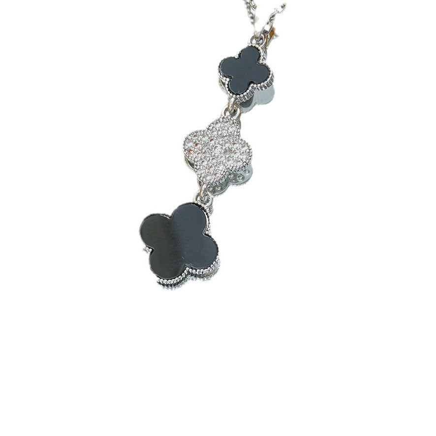 Women's Steel Triple Double-sided Clover Full Diamond Clavicle Chain Light Luxury Necklaces
