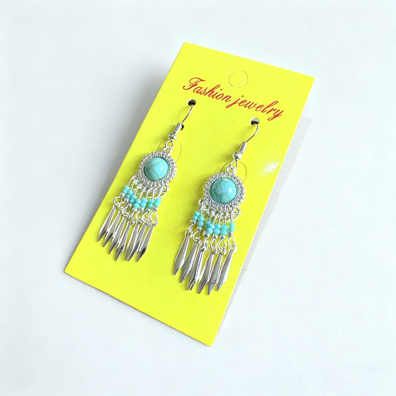 Women's Turquoise Retro Ethnic Style Tassel Miao Sier Earrings
