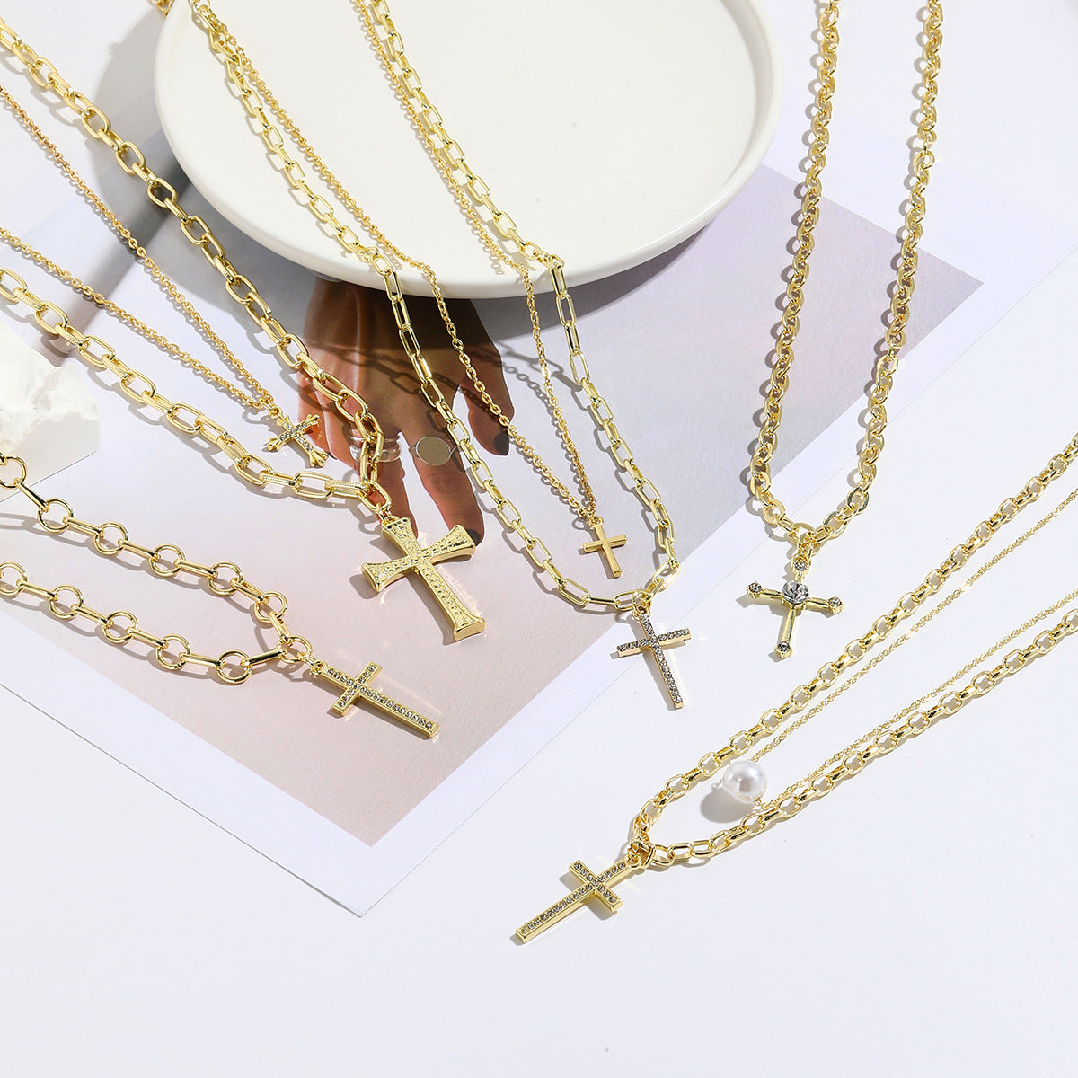 Women's Cross High-grade Inlaid Punk Imitation Pearl Pendants