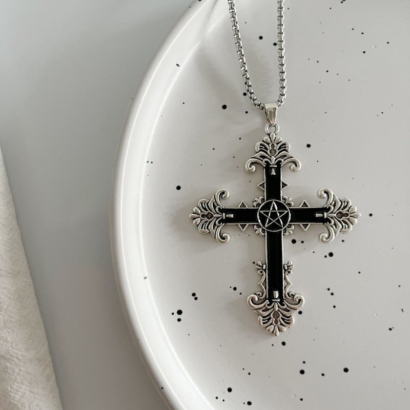 Grid Retro Dark Gothic Black Red Cross Necklace
