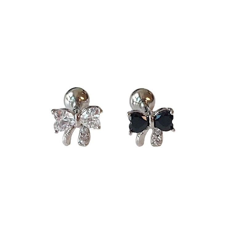 Small Black White Zircon Bow Screw Tightening Earrings