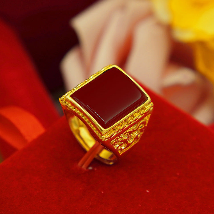 Men's Square Oval Man's Brass Gold-plated Inlaid Obsidian Ring