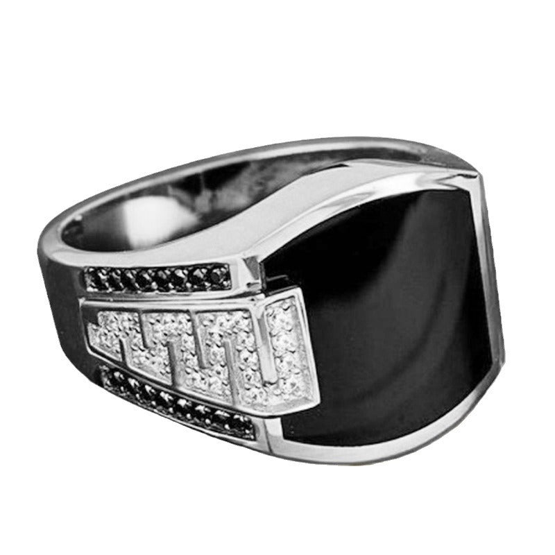 Golden Wide Face With Black Diamond Ring