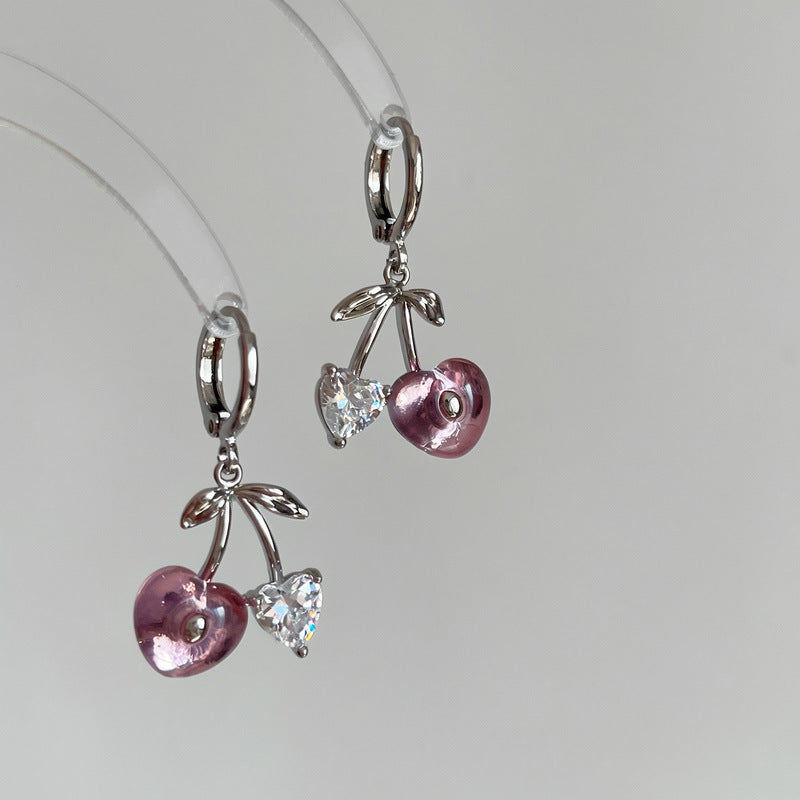 Elegant Pink Cherry Love Heart Sweet Cute Sier Light Luxury Earrings