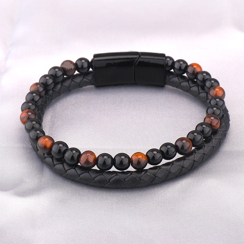 Men's Tiger Eye Beaded Genuine Leather Alloy Cowhide Bracelet