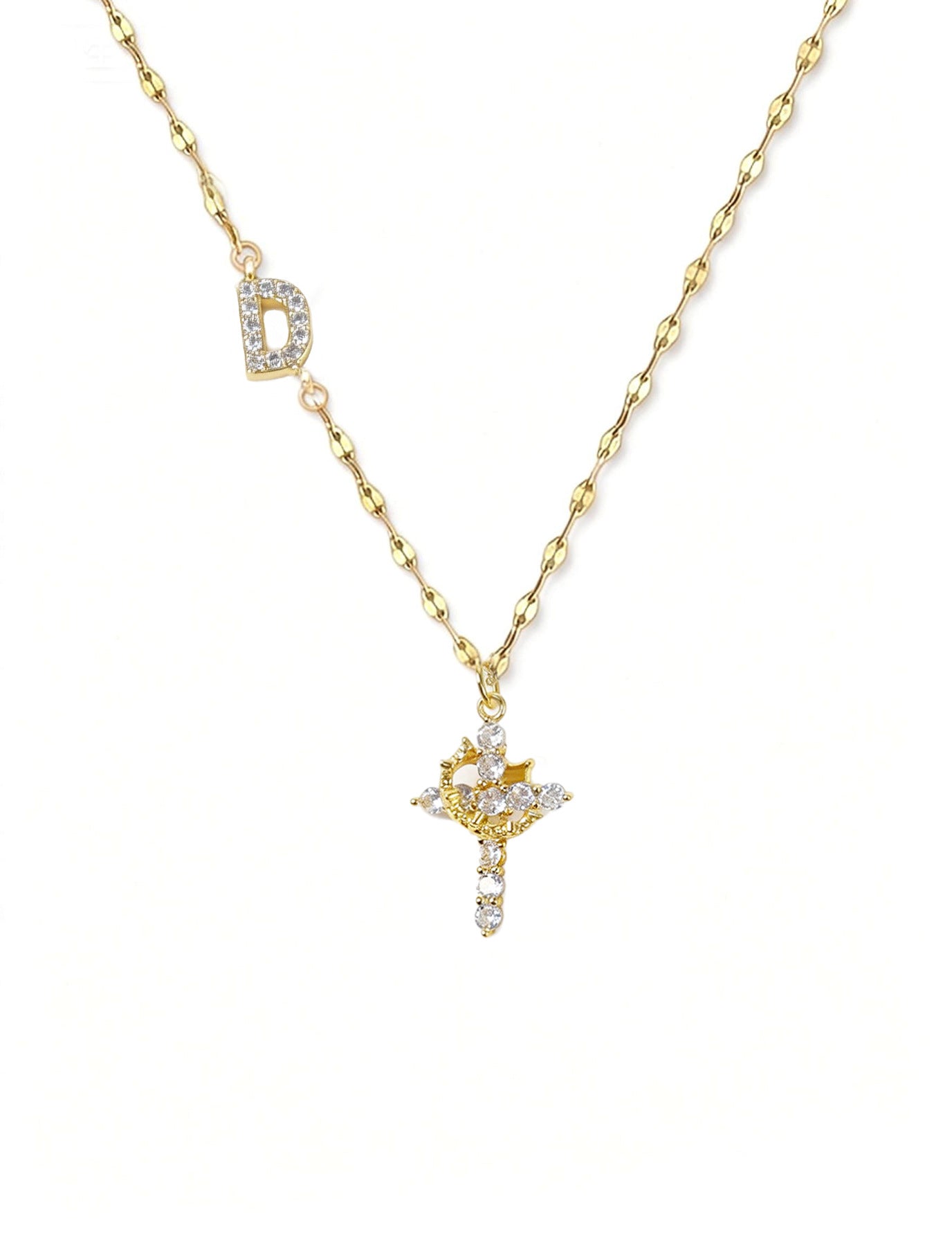 Full Diamond Rotatable Crown Cross With Letters Gold-plated Necklace