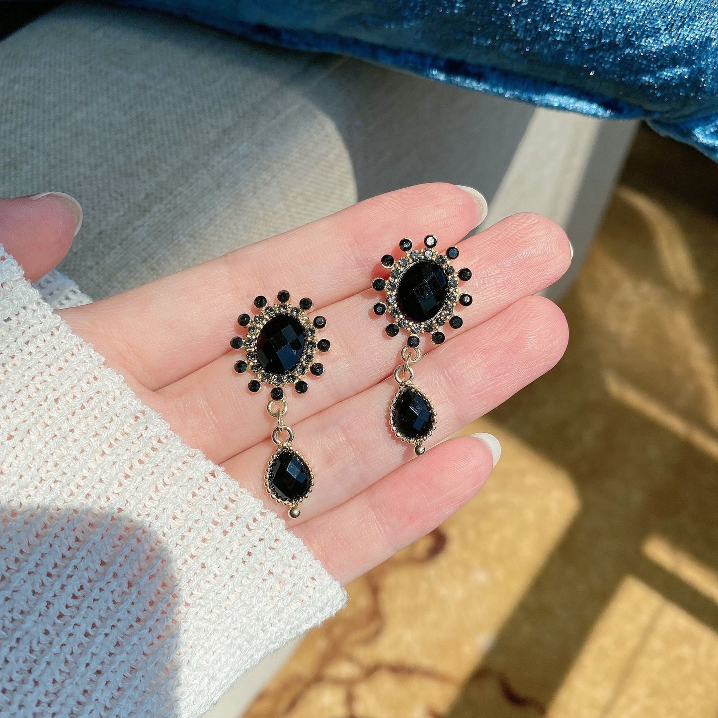 French Super Fairy Black Crystal Long Stud Earrings