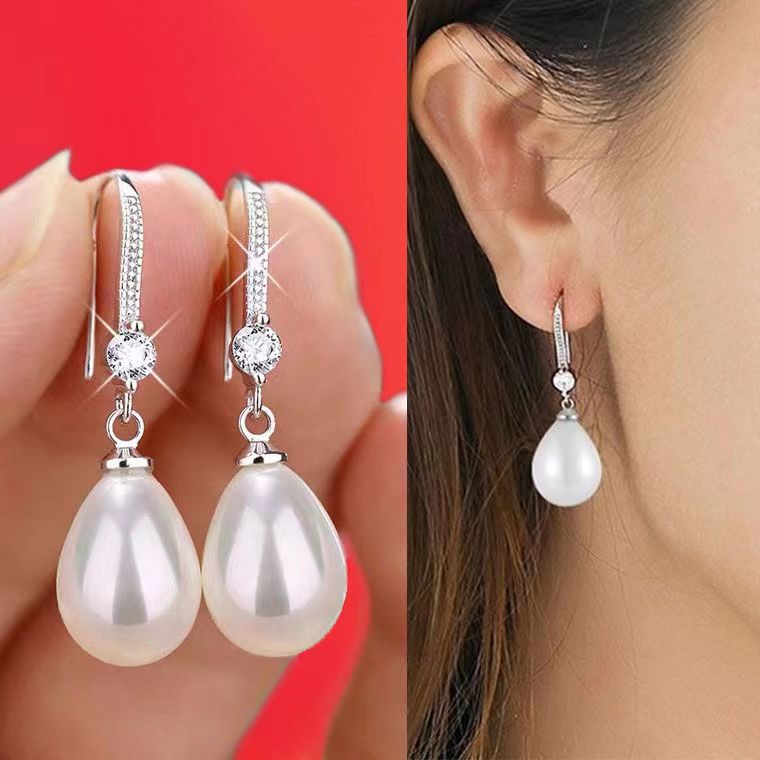 Ornament Sier Water Drop Oval Artificial Pearl Earrings