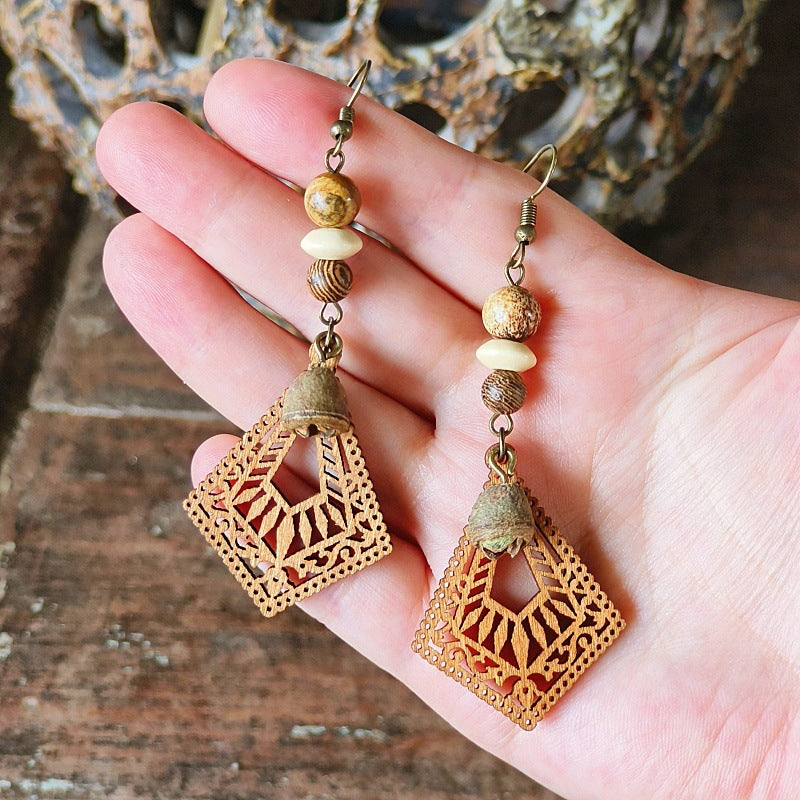 Style Retro Minority Mori Bohemian Indian Wandering Hollow Wood Grain Earrings