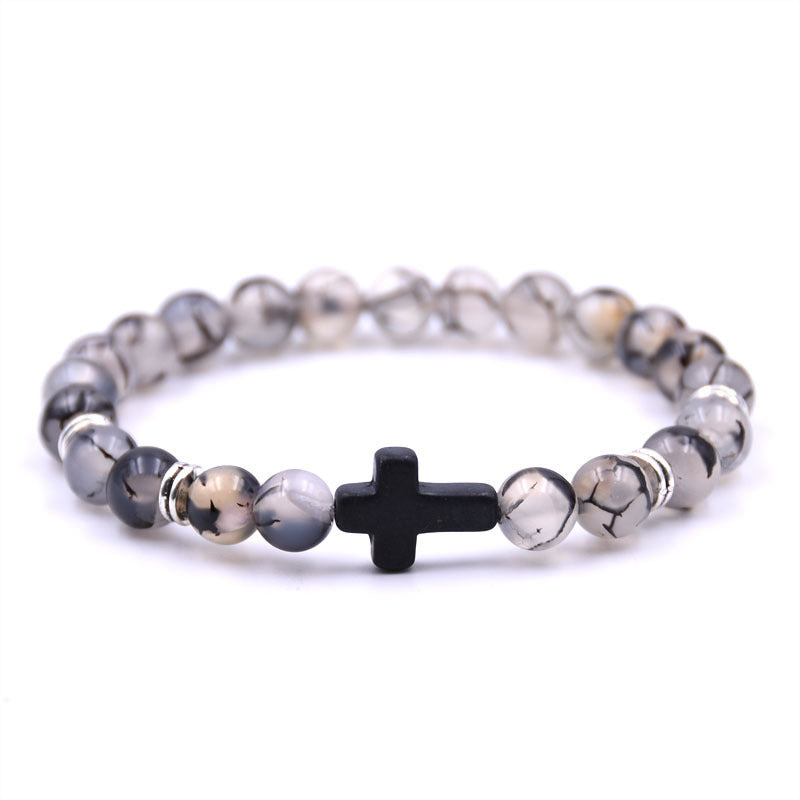 Energy Natural Stone White-barked Pine Blue Crystal Metal Cross Bracelets