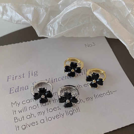 Women's Korean Style Niche Temperament Black Zircon Four-leaf Earrings
