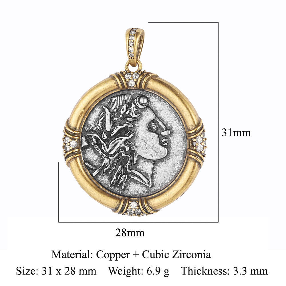 Style Vintage Ancient Sier Coin Copper Zircon Pendants