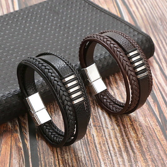 Women's & Men's Leather Titanium Steel Woven Bracelets